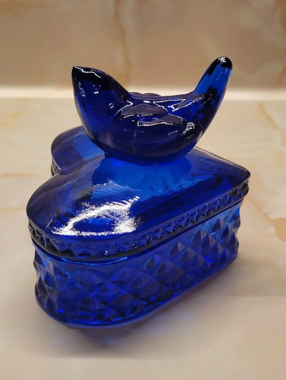 Vintage Cobalt Blue Glass Bird Trinket Box
